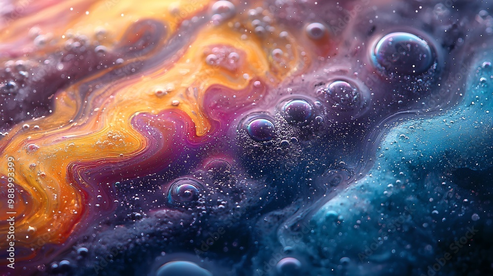 A vibrant abstract image featuring swirling colors of orange, purple, and blue with encapsulated bubbles, creating a cosmic and fluid visual effect. A vibrant abstract image featuring swirling colors of orange, purple, and blue with encapsulated bubbles, creating a cosmic and fluid visual effect.