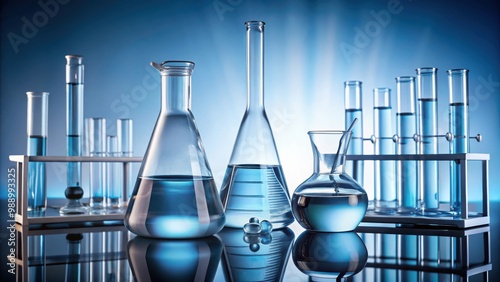 Water in flask laboratory experiment background with scientific equipment and tools