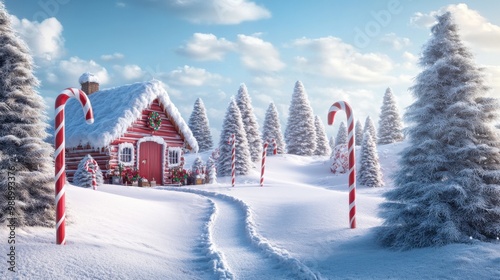 Snow-Covered Candy Cane Lane with Christmas Cottage
