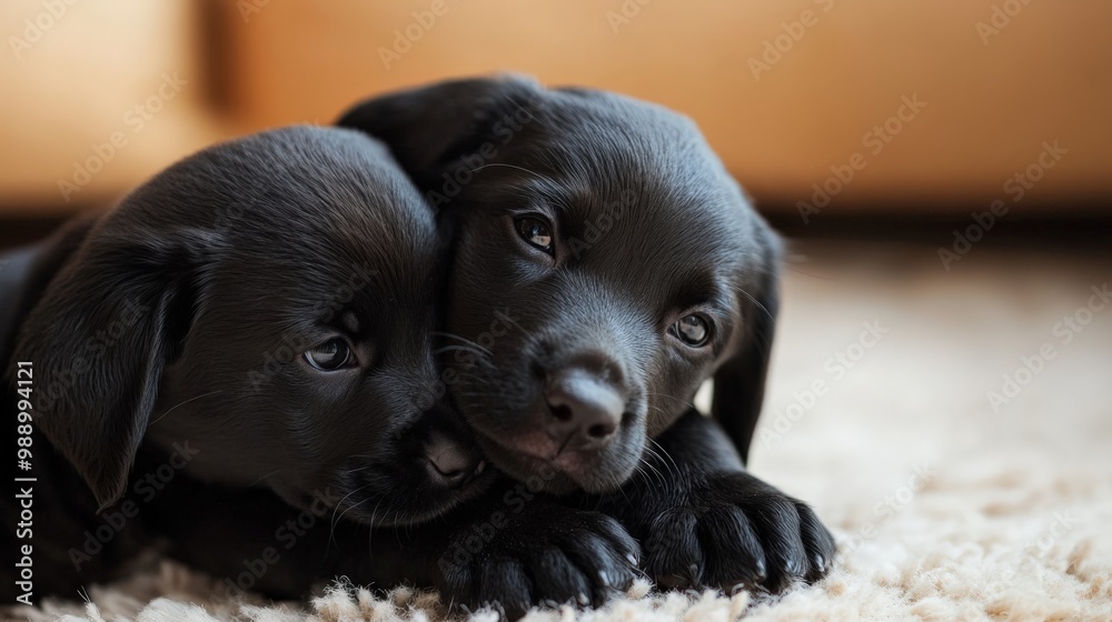 Adorable close-up of two black labrador puppies cuddling on a soft carpet, showcasing their playful and innocent expressions. Adorable close-up of two black labrador puppies cuddling on a soft carpet, showcasing their playful and innocent expressions.