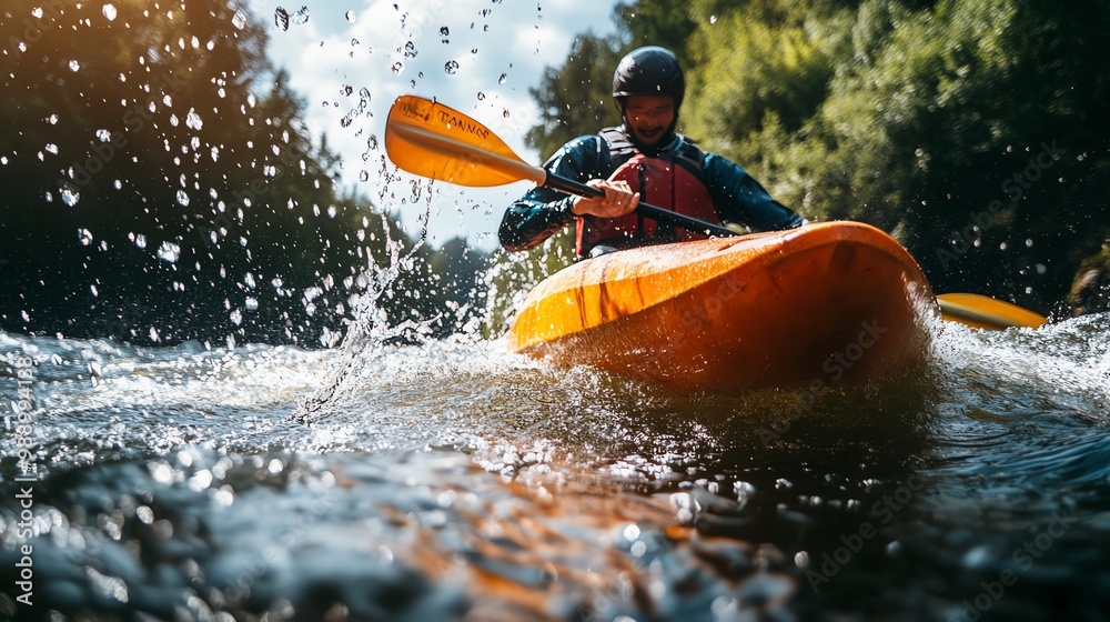 A man kayaking on a river.