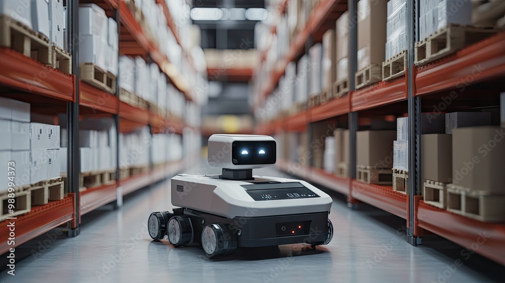 Naklejka premium A machine-learning robot sorting packages in a warehouse, demonstrating the role of AI in automating logistics and supply chains.