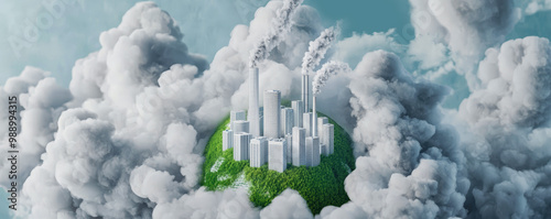 Industrial Impact on Nature, A city surrounded by smoke and clouds on a globe of green plants, representing the environmental consequences of industrial activity. photo