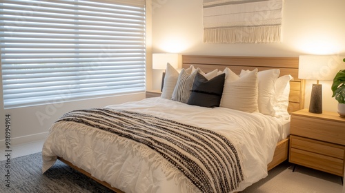 Modern bedroom makeover with symmetry in the placement of bed, side tables, and lamps, all highlighted by soft, ambient lighting. photo