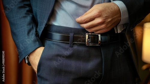 A man fastening a luxury belt with a designer buckle, complementing his tailored suit trousers for a polished look.