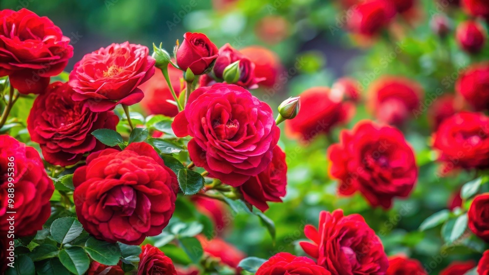 Closeup shot of vibrant red garden shrub roses in full bloom Closeup shot of vibrant red garden shrub roses in full bloom