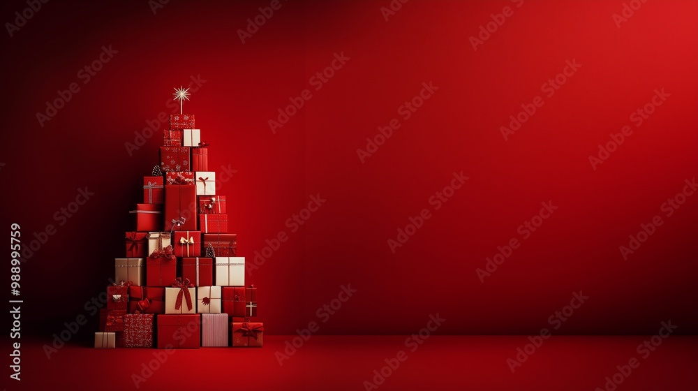 Stack of giftbox in the shape of a Christmas tree decorated with a star on a red background. Alternative Christmas tree decoration concept. Merry Christmas and Happy New Year. Stage for product sale Stack of giftbox in the shape of a Christmas tree decorated with a star on a red background. Alternative Christmas tree decoration concept. Merry Christmas and Happy New Year. Stage for product sale