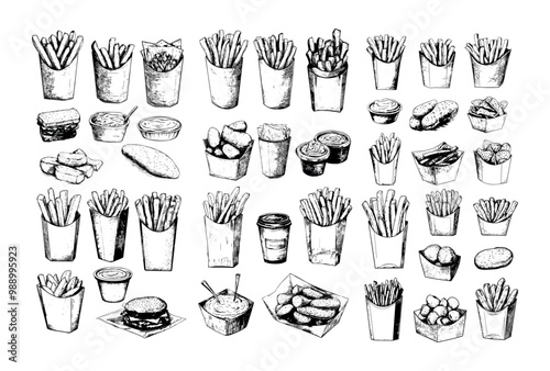 Fried potato Ink sketch vector set. Chips paper bags cups plates gravy sauces vegetable boiling oil dips fast food street meal engraving grayscale illustrations isolated on white background