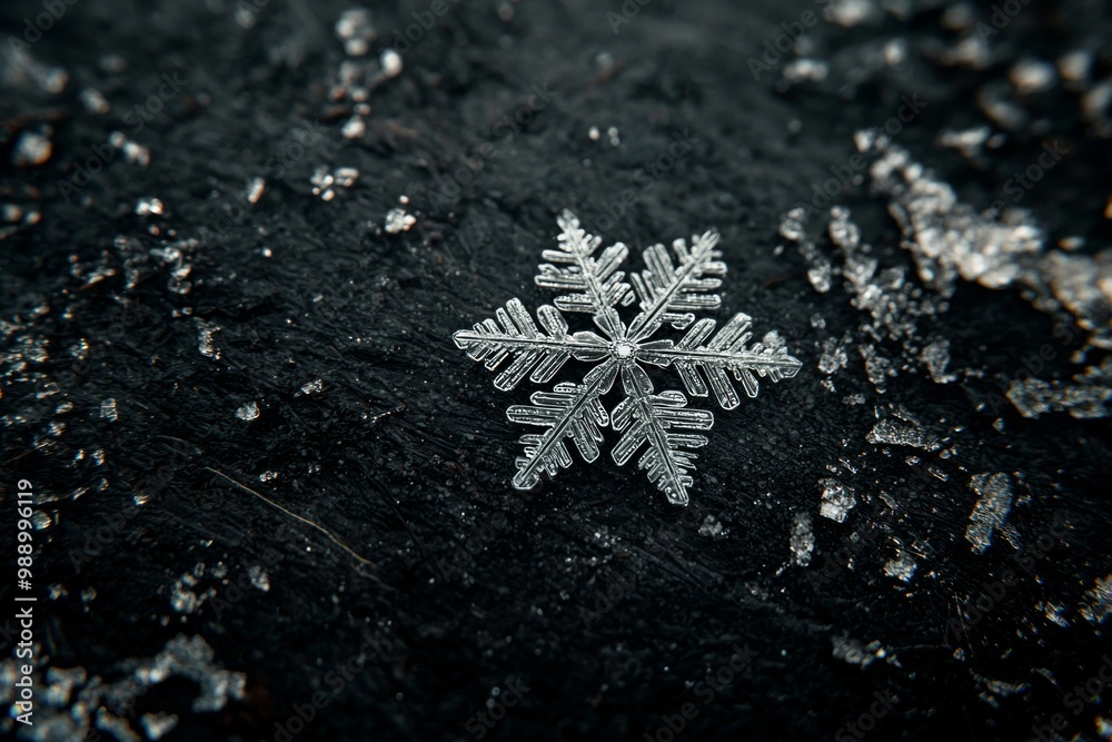 A single snowflake resting on a dark surface A single snowflake resting on a dark surface