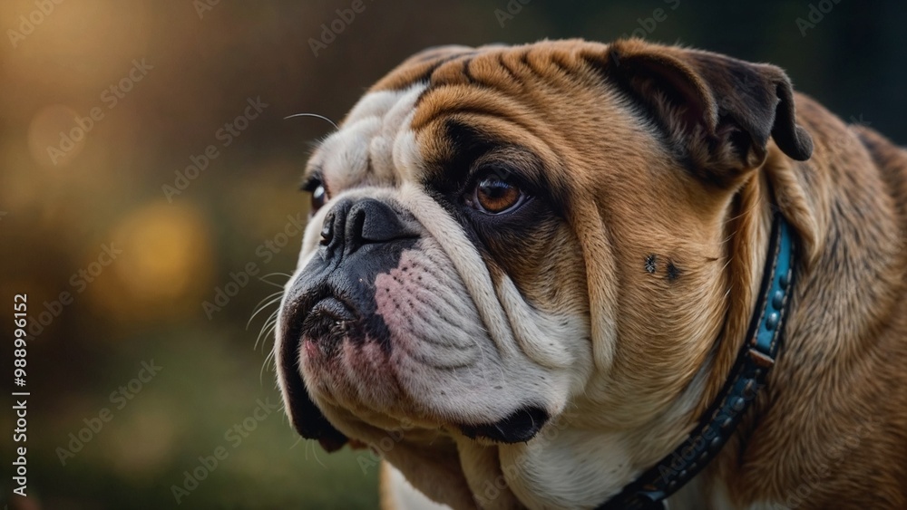 Bulldog pet in contemplation with a calm expression against a blurred nature background
Bulldog pet in contemplation with a calm expression against a blurred nature background