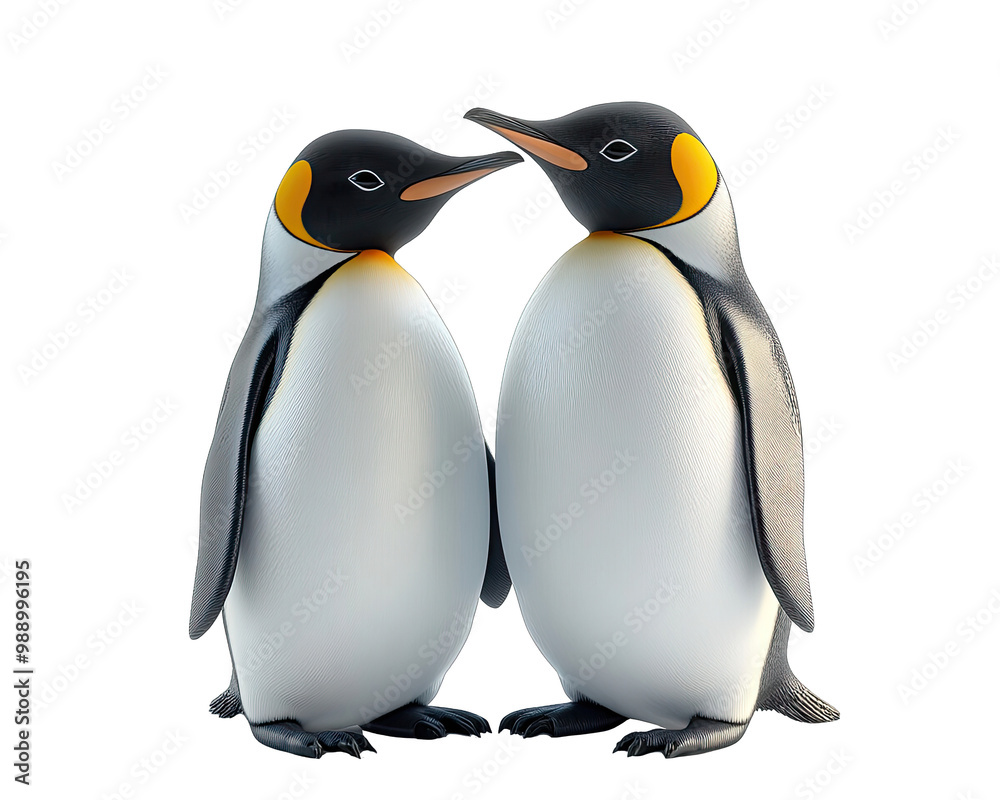 Fototapeta premium Two charming penguins standing close, isolated on white background.