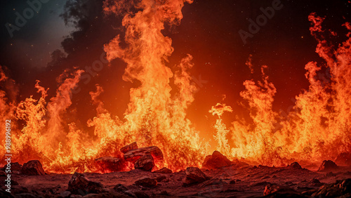 Intense flames rising from rocky terrain against a dark sky, Generative AI