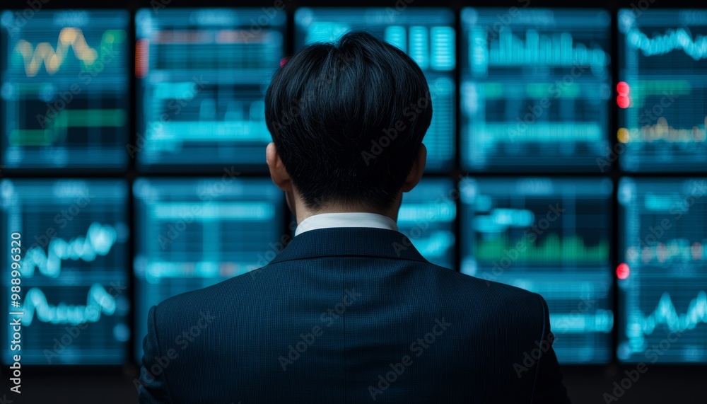Businessman analyzing financial data on multiple digital screens. Businessman analyzing financial data on multiple digital screens.