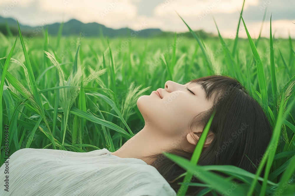 Peaceful Woman Lying in Green Grass Field Peaceful Woman Lying in Green Grass Field