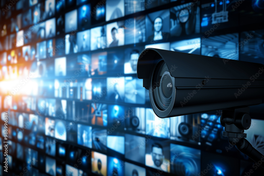 Security Camera Surveillance Over Digital Data Wall Security Camera Surveillance Over Digital Data Wall