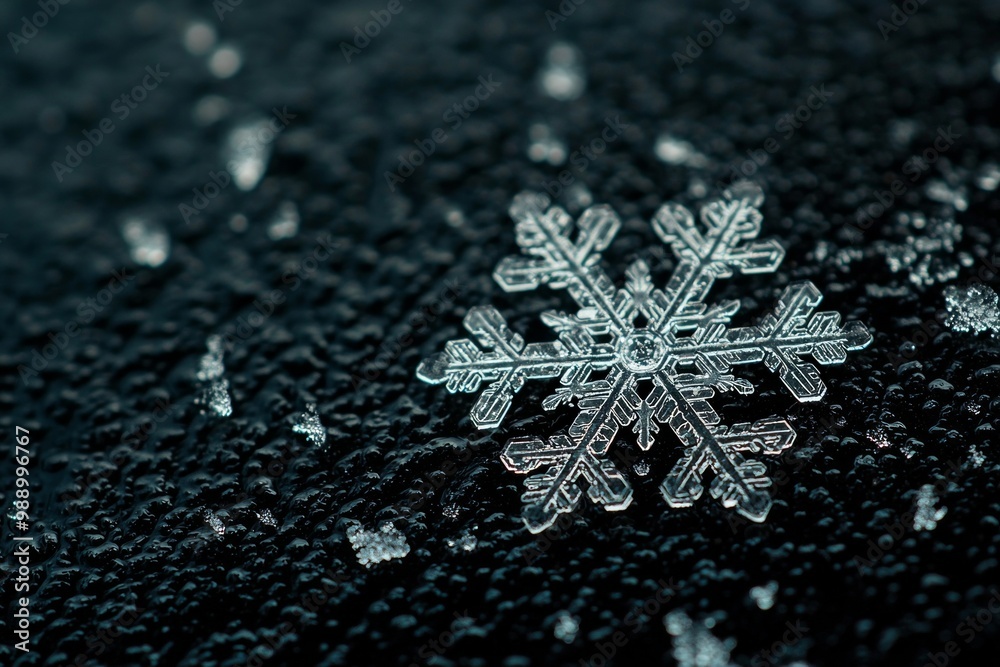 A single snowflake resting on a dark surface A single snowflake resting on a dark surface