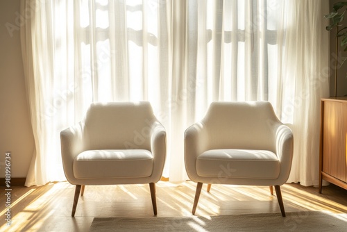 Two single armchairs in an American interior, bright and upright view, real scene photography.
