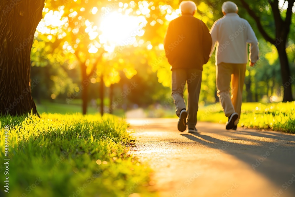Obraz premium Two elderly men walking together on a sunlit path in a serene park during golden hour.