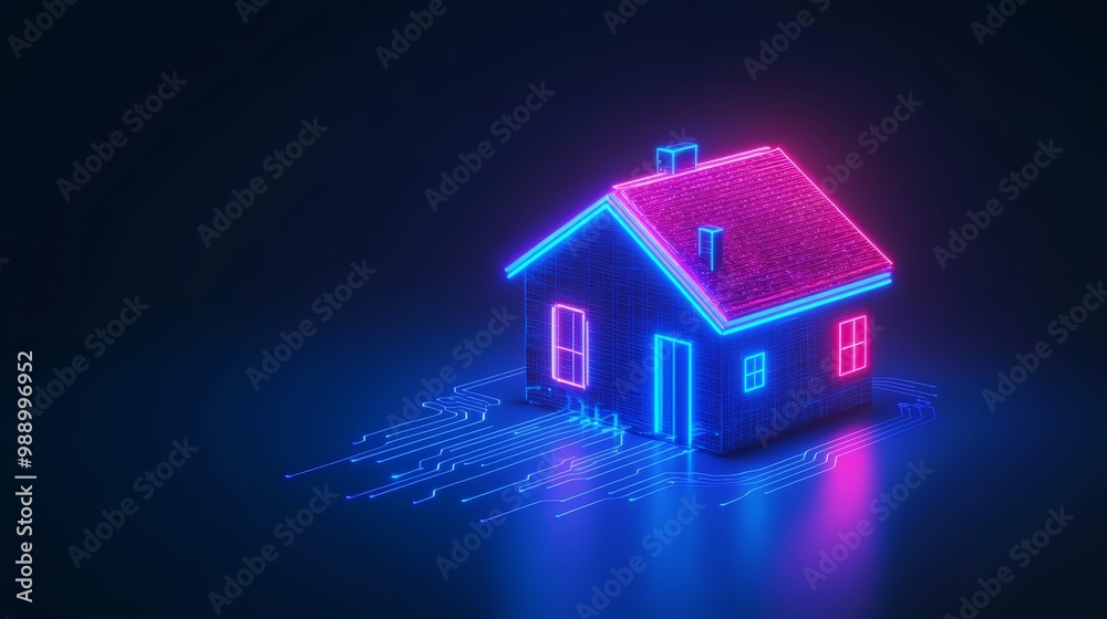 Smart House Grid System, Create a concept of a futuristic house outlined in neon blue light, with digital circuit pathways leading to various smart home devices.