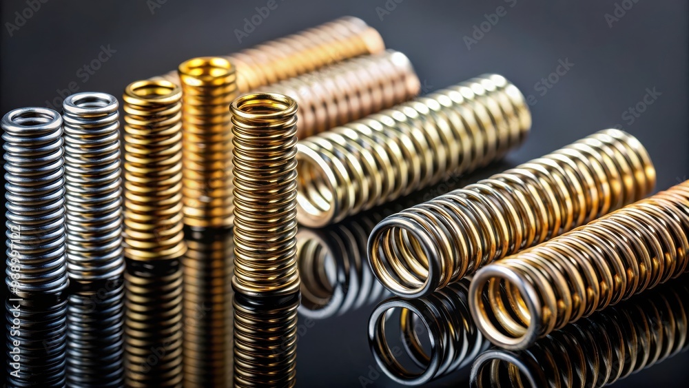 Precision springs in a row with stamped and plated detail on black background in Australia. 2015 Precision springs in a row with stamped and plated detail on black background in Australia. 2015