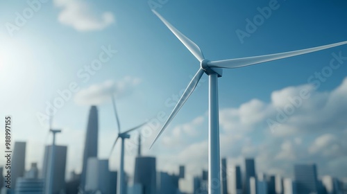 Sustainable Energy and Architecture, Create a futuristic city powered entirely by wind and solar energy, with wind turbines integrated into the skyline and solar panels covering the buildings.