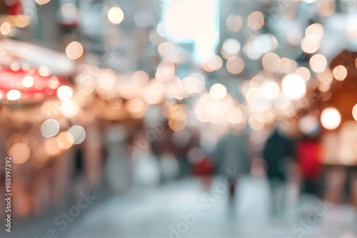 Shoppers walking through an out of focus city street with bright lights shining at christmas time