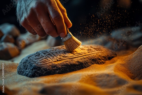 An archaeologist carefully brushes sand away from an ancient stone artifact engraved with mysterious symbols photo