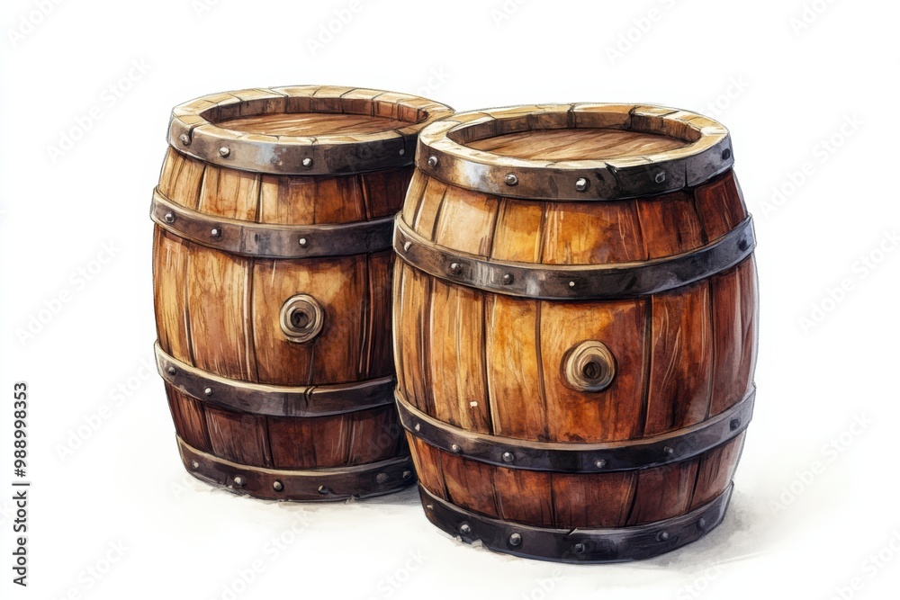 Two rustic wooden barrels, detailed texture, on a white isolated background. Two rustic wooden barrels, detailed texture, on a white isolated background.