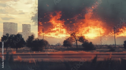 A powerful illustration capturing an apocalyptic vision where a city's skyline is silhouetted against a blazing inferno in the sky, symbolizing imminent danger and overwhelming darkness. photo