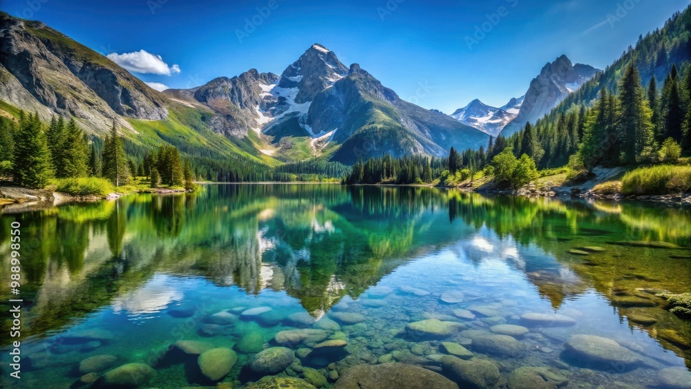 Fototapeta premium Clear alpine lake nestled among towering mountains, reflecting the bright blue sky and surrounded by serene nature
