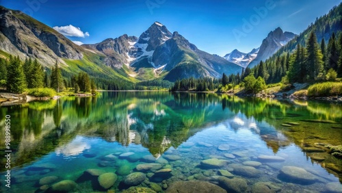 Clear alpine lake nestled among towering mountains, reflecting the bright blue sky and surrounded by serene nature