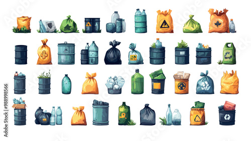 Garbage pollution elements cartoon vector set. Polythene bags metal barrels plastic glass bottles paper cups cans waste toxic radioactive environment filth junk poison scrap isolated illustrations
