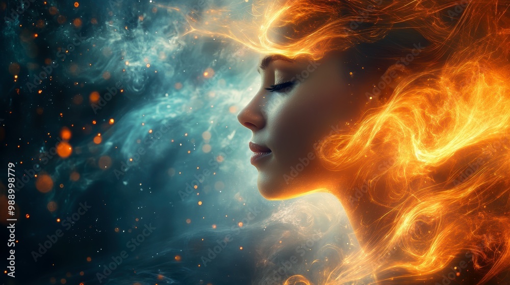 A captivating image showcasing a woman's profile surrounded by fiery, glowing elements, blending with swirling smoke in a surreal atmosphere A captivating image showcasing a woman's profile surrounded by fiery, glowing elements, blending with swirling smoke in a surreal atmosphere