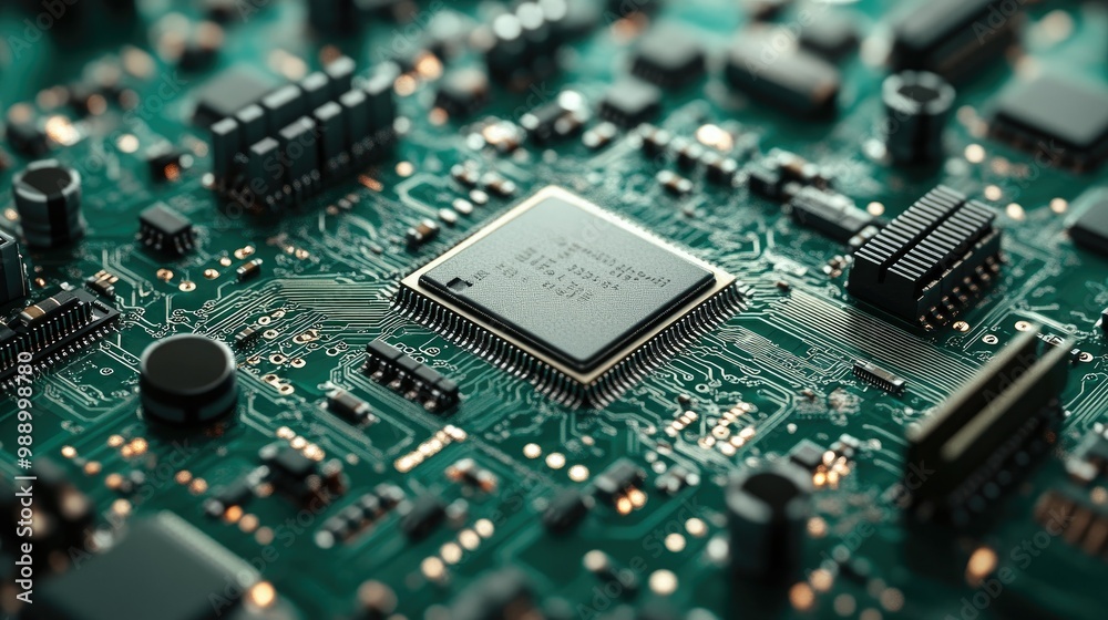 A sharp close-up of a green circuit board with microchips and metallic paths leading to different components. A sharp close-up of a green circuit board with microchips and metallic paths leading to different components.