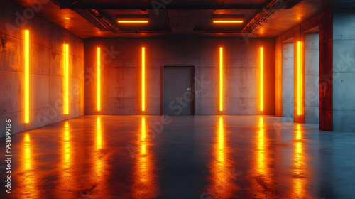 Neon Orange Lights in a Concrete Room - 3D Render