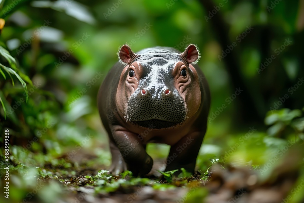 A young pygmy hippopotamus walking through a lush, green environment, showcasing its unique features and natural habitat A young pygmy hippopotamus walking through a lush, green environment, showcasing its unique features and natural habitat
