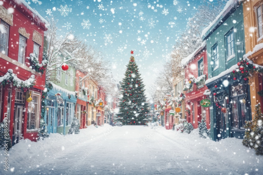 Snowy Village Street with Christmas Tree and Festive Lights Snowy Village Street with Christmas Tree and Festive Lights