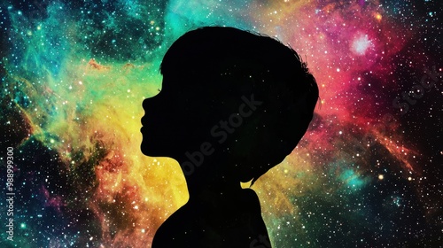 A silhouette of a child gazes into a vibrant cosmic backdrop filled with swirling colors and stars, evoking wonder and imagination.