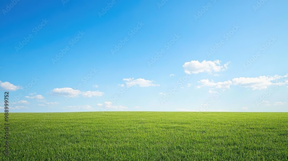 Obraz premium A wide, empty field with short grass, under a bright blue sky, providing room for copy