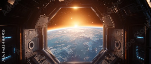 Beautiful view from the interior of an alien space station, looking out at Earth and the sunset. photo