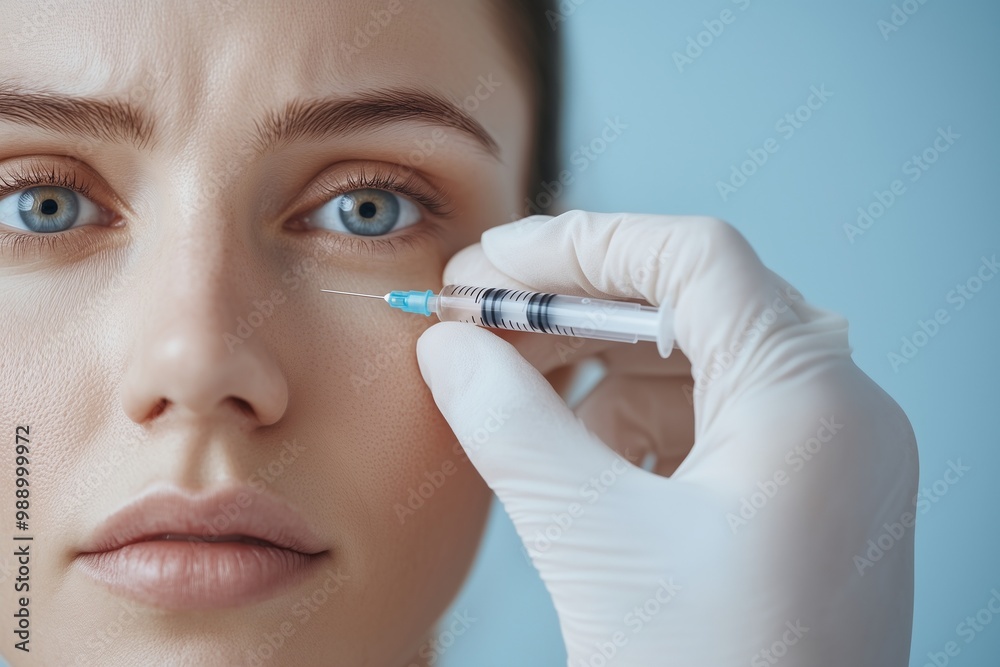 Beautiful young woman is having cosmetic Botox injections in her face. Doctor is giving the injection with a syringe. Isolated background with empty space for text. For design, advertisement, banner, Beautiful young woman is having cosmetic Botox injections in her face. Doctor is giving the injection with a syringe. Isolated background with empty space for text. For design, advertisement, banner,