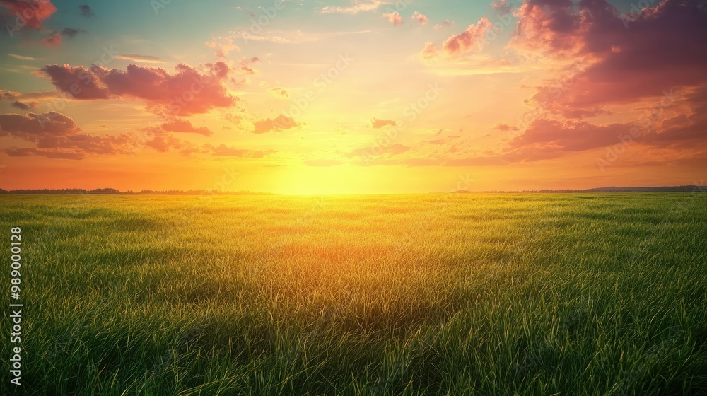 A wide-open grassy field under a colorful sunset, offering space for text or branding A wide-open grassy field under a colorful sunset, offering space for text or branding