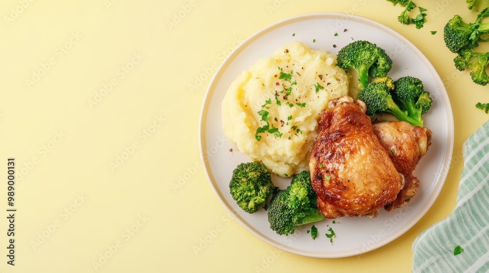 A plate of roasted chicken, mashed potatoes, and steamed broccoli on a yellow background. A plate of roasted chicken, mashed potatoes, and steamed broccoli on a yellow background.