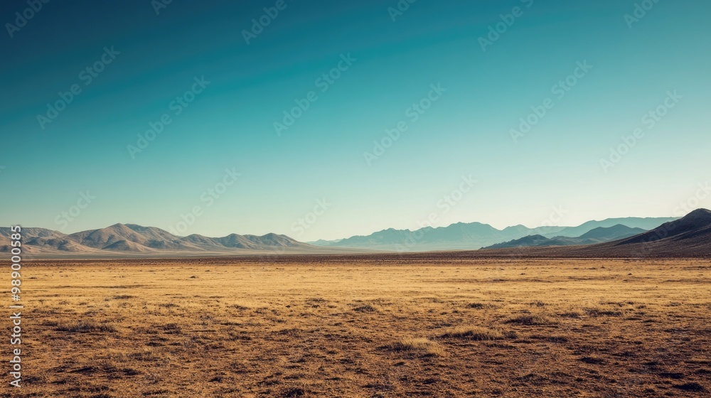 Dry desert landscape with distant mountains under a cloudless sky, room for text. No people, copy space Dry desert landscape with distant mountains under a cloudless sky, room for text. No people, copy space