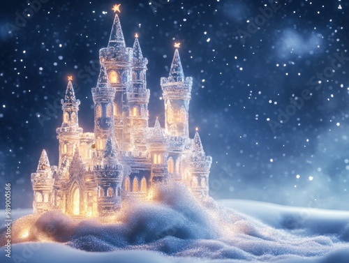 Glowing Snowy Castle in Winter Night