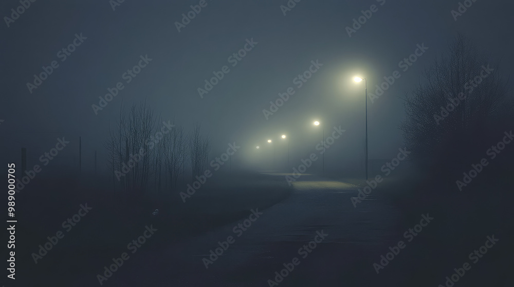 A dark, foggy night with a path lit by street lights A dark, foggy night with a path lit by street lights