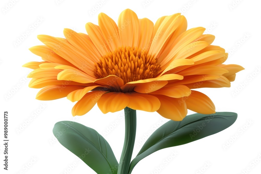 Vibrant orange flower with green leaves, white isolated background. Vibrant orange flower with green leaves, white isolated background.