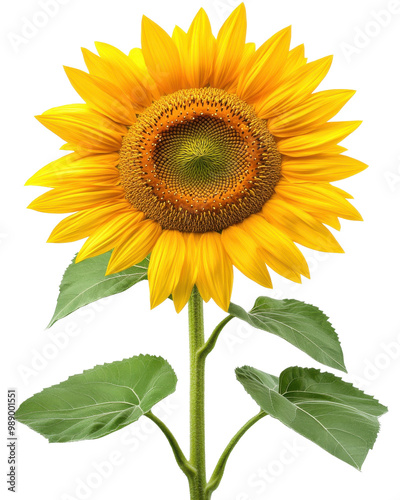 Bright sunflower blooming against a white isolated background, showcasing vibrant yellow petals and green leaves.