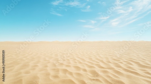Endless desert horizon with small sand ripples and clear skies, ideal for text. No people, copy space