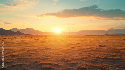 Expansive desert plains stretching out under a glowing sunset, ideal for copy space. No people photo